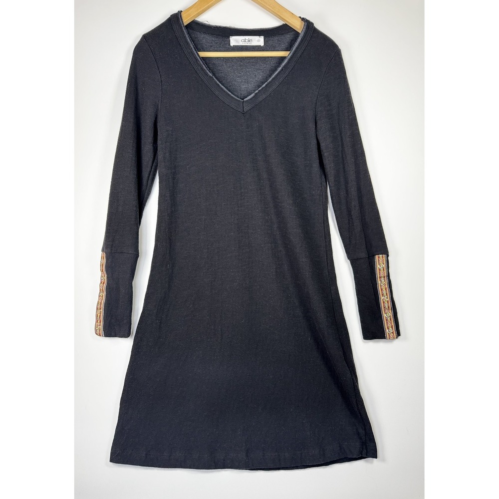 Able Dress Small Black Gray Long Sleeve V Neck Boho Embroidered Trim Made in USA